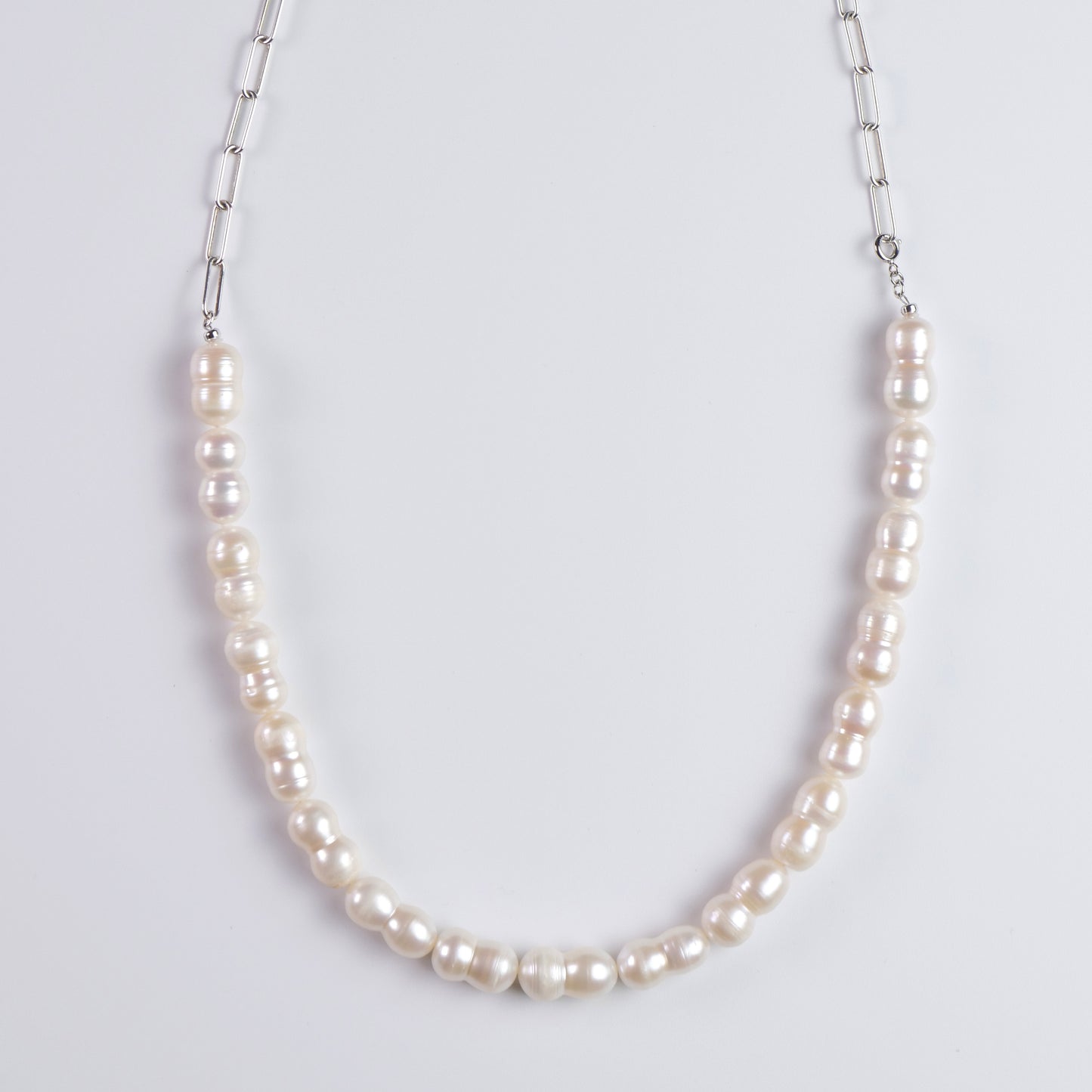 双子パール×ペーパークリップチェーン アシンメトリーネックレス（50cm）