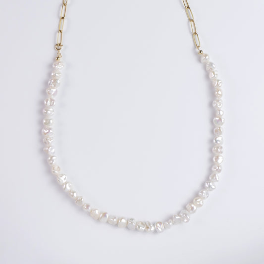 淡水バロックパール×ペーパークリップチェーン アシンメトリーネックレス