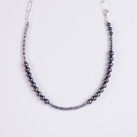 黒蝶貝バロックパール×ペーパークリップチェーン アシンメトリーネックレス（60cm）