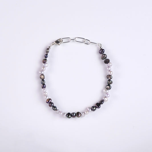 黒蝶貝×淡水パール ミックスデザイン アシンメトリーブレスレット（20cm）